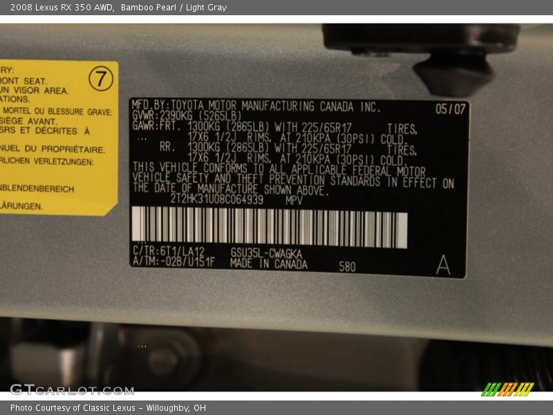 Bamboo Pearl / Light Gray 2008 Lexus RX 350 AWD