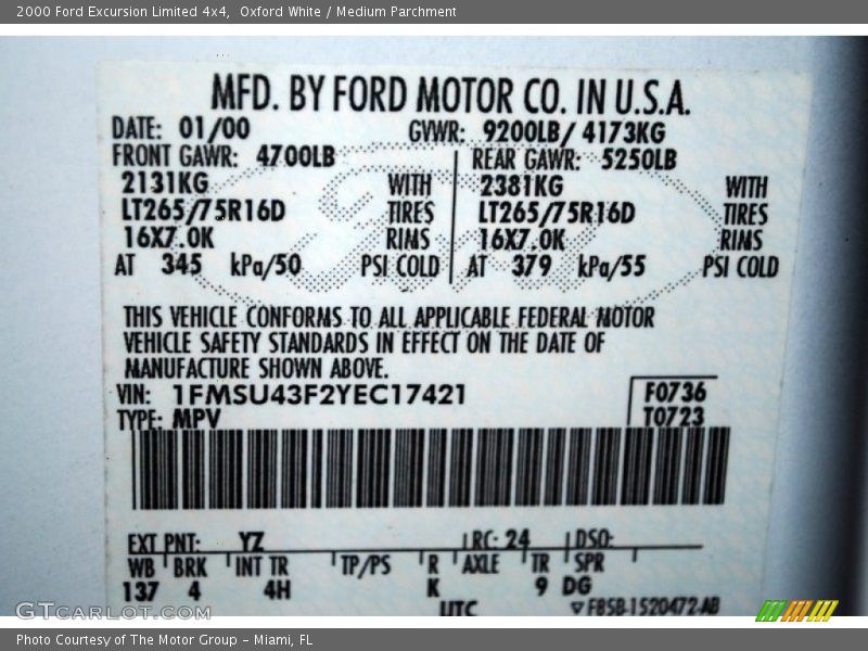 Oxford White / Medium Parchment 2000 Ford Excursion Limited 4x4