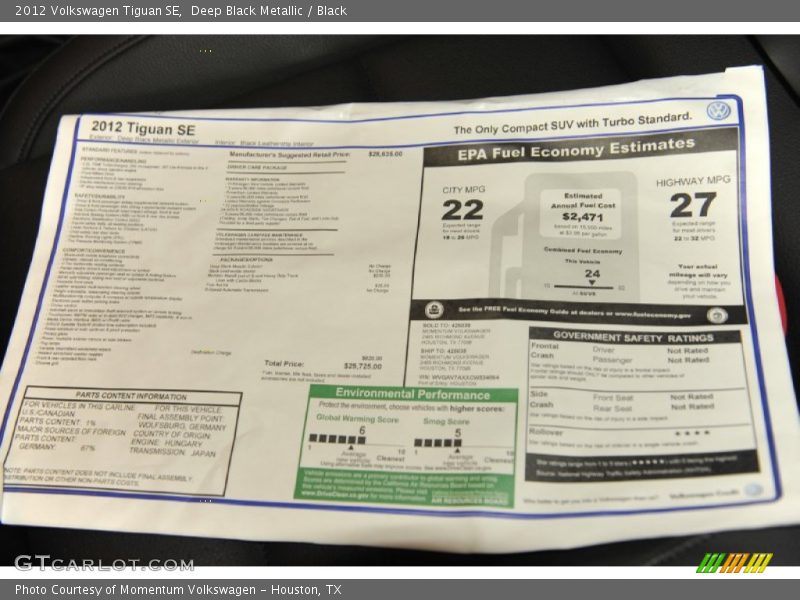 Deep Black Metallic / Black 2012 Volkswagen Tiguan SE