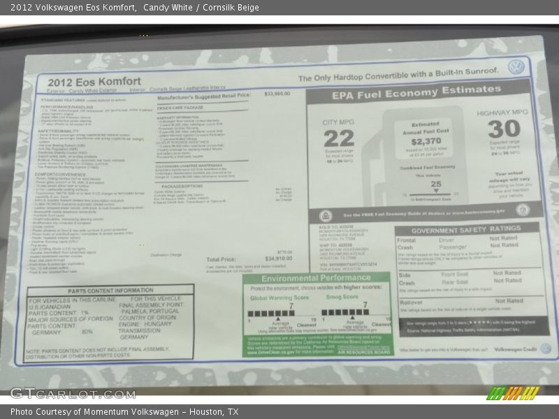 Candy White / Cornsilk Beige 2012 Volkswagen Eos Komfort