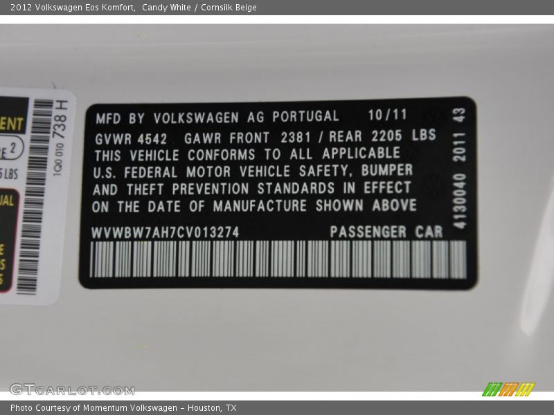 Candy White / Cornsilk Beige 2012 Volkswagen Eos Komfort