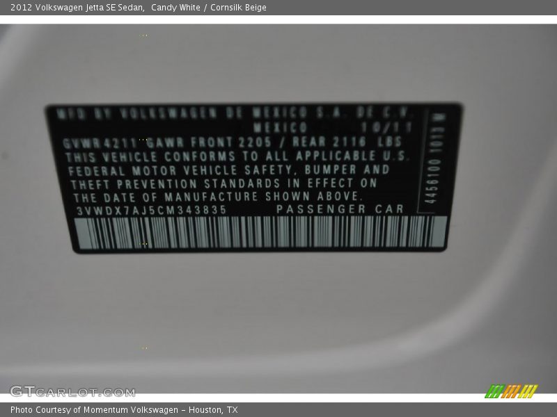 Candy White / Cornsilk Beige 2012 Volkswagen Jetta SE Sedan