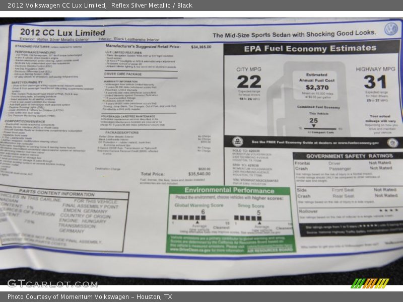 Reflex Silver Metallic / Black 2012 Volkswagen CC Lux Limited