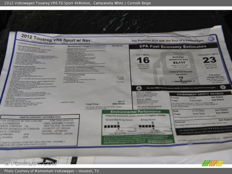  2012 Touareg VR6 FSI Sport 4XMotion Window Sticker