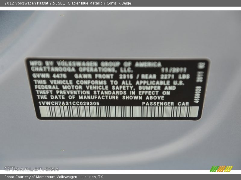 Glacier Blue Metallic / Cornsilk Beige 2012 Volkswagen Passat 2.5L SEL