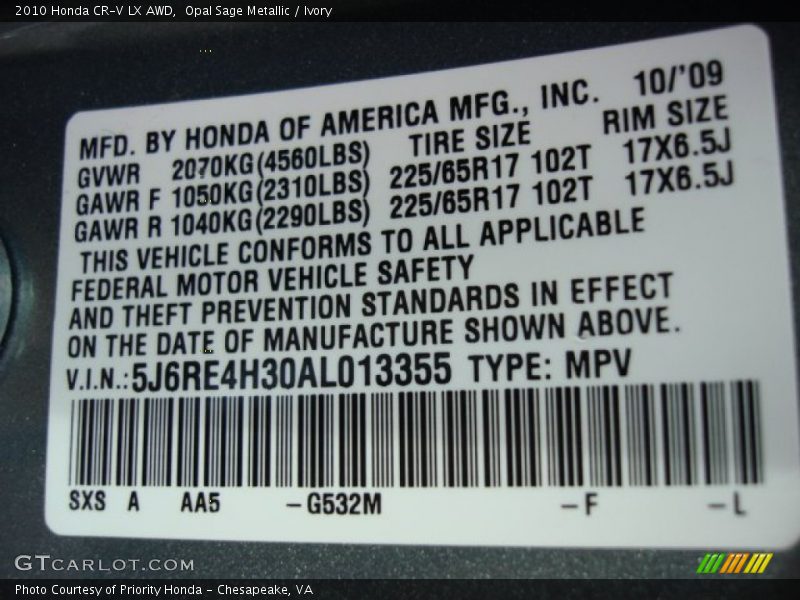2010 CR-V LX AWD Opal Sage Metallic Color Code G532M