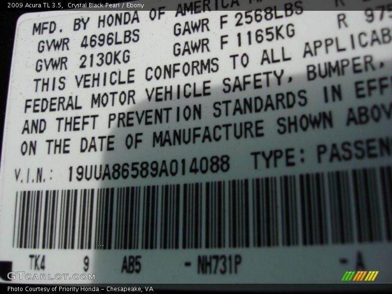 Crystal Black Pearl / Ebony 2009 Acura TL 3.5