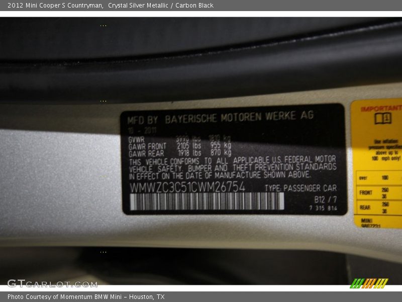 Crystal Silver Metallic / Carbon Black 2012 Mini Cooper S Countryman
