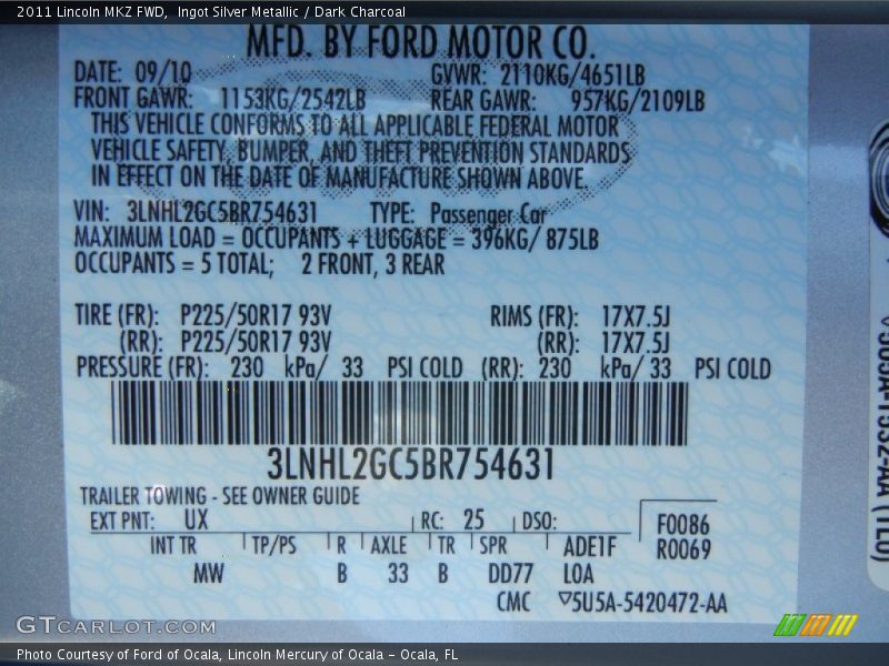 Ingot Silver Metallic / Dark Charcoal 2011 Lincoln MKZ FWD