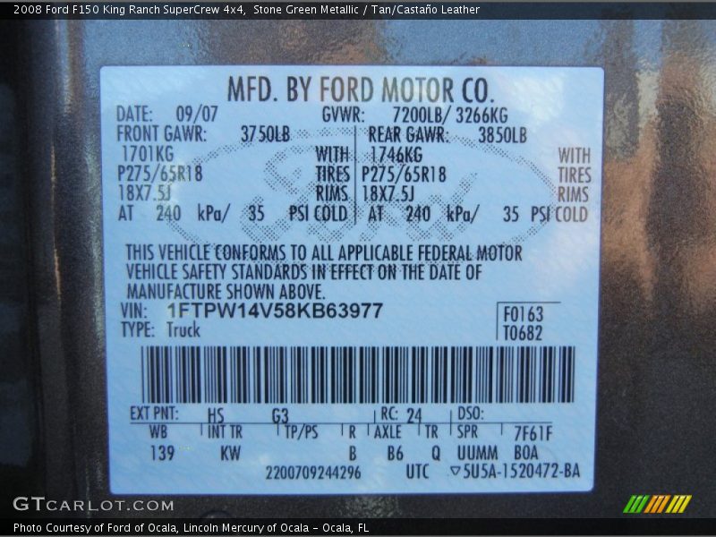 2008 F150 King Ranch SuperCrew 4x4 Stone Green Metallic Color Code HS