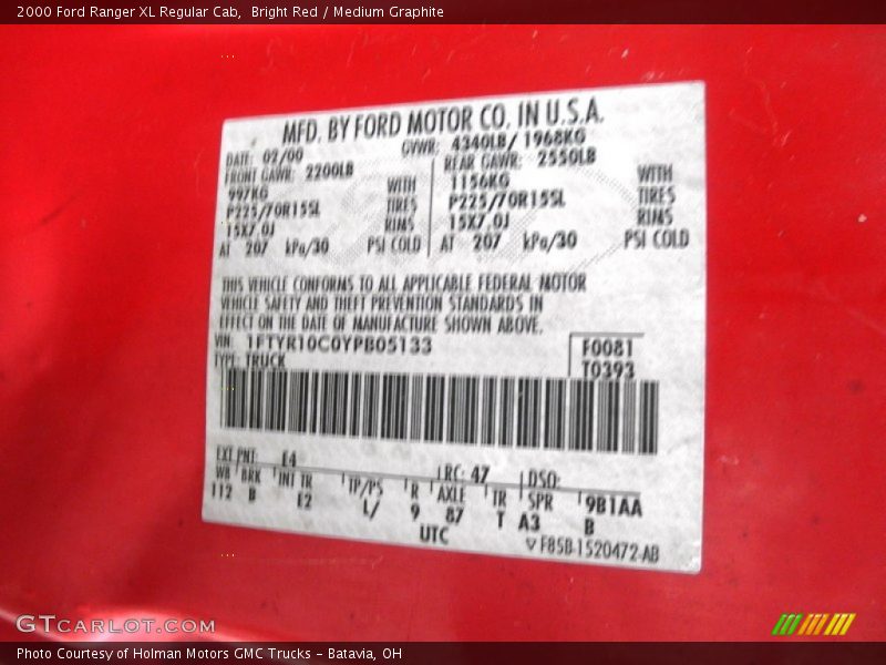 Bright Red / Medium Graphite 2000 Ford Ranger XL Regular Cab