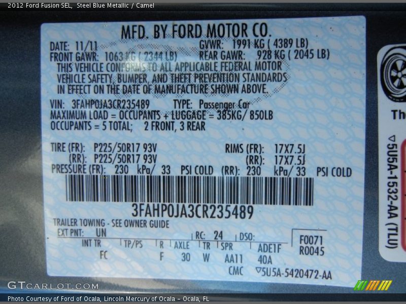 Steel Blue Metallic / Camel 2012 Ford Fusion SEL