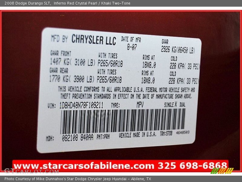 Inferno Red Crystal Pearl / Khaki Two-Tone 2008 Dodge Durango SLT