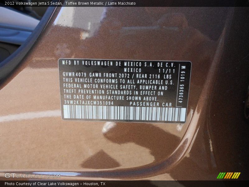 Toffee Brown Metallic / Latte Macchiato 2012 Volkswagen Jetta S Sedan