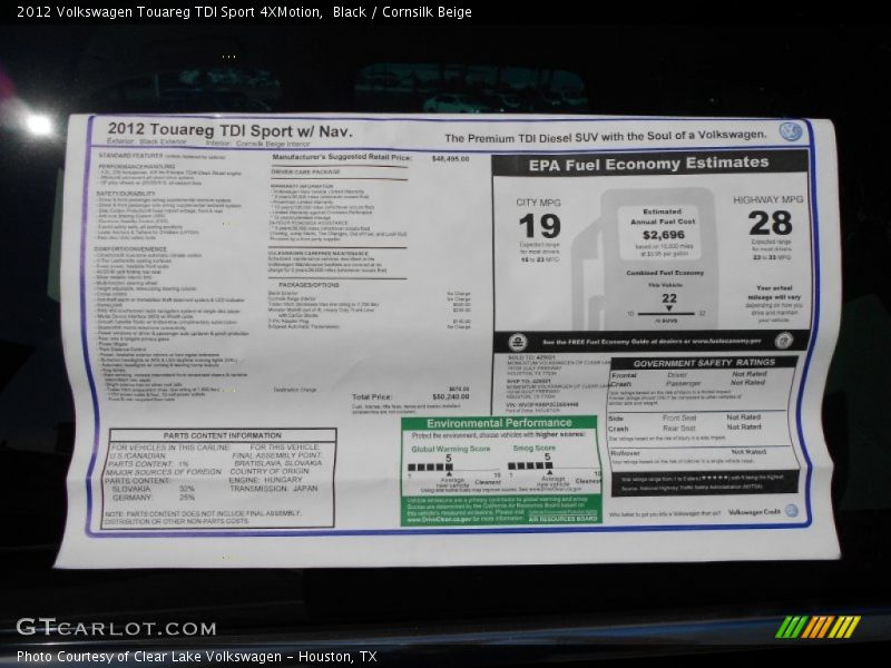 Black / Cornsilk Beige 2012 Volkswagen Touareg TDI Sport 4XMotion