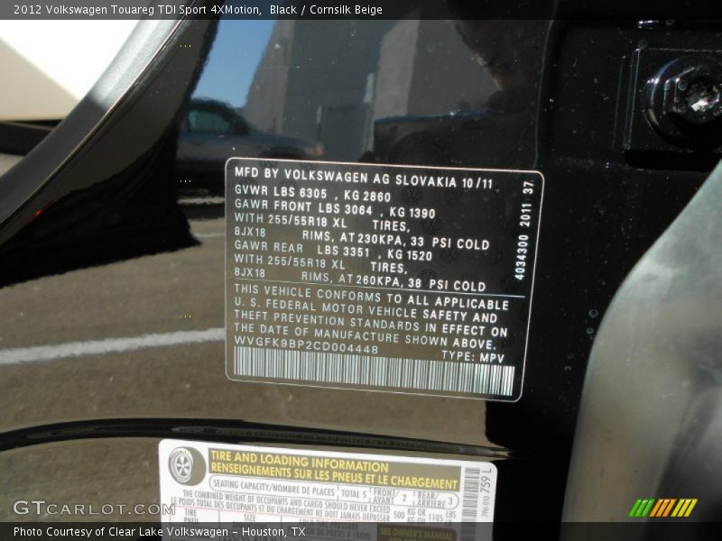 Black / Cornsilk Beige 2012 Volkswagen Touareg TDI Sport 4XMotion