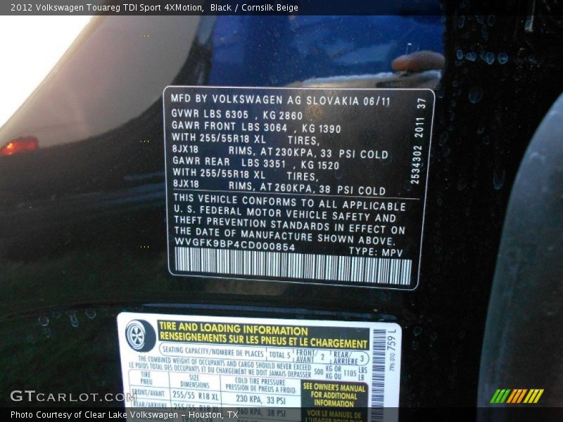 Black / Cornsilk Beige 2012 Volkswagen Touareg TDI Sport 4XMotion
