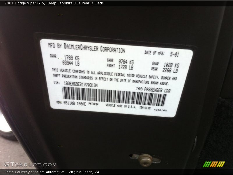 2001 Viper GTS Deep Sapphire Blue Pearl Color Code PBW