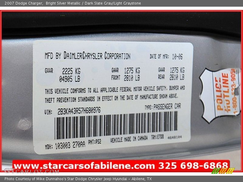 Bright Silver Metallic / Dark Slate Gray/Light Graystone 2007 Dodge Charger