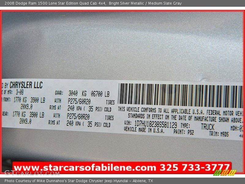 Bright Silver Metallic / Medium Slate Gray 2008 Dodge Ram 1500 Lone Star Edition Quad Cab 4x4