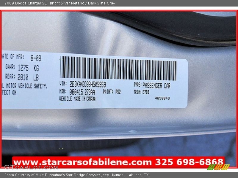 Bright Silver Metallic / Dark Slate Gray 2009 Dodge Charger SE