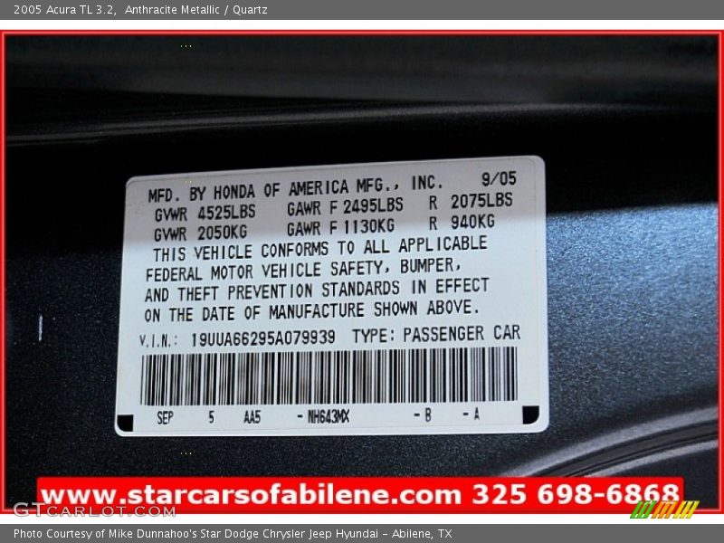 Anthracite Metallic / Quartz 2005 Acura TL 3.2