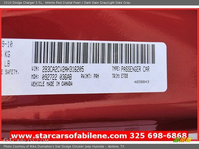Inferno Red Crystal Pearl / Dark Slate Gray/Light Slate Gray 2010 Dodge Charger 3.5L