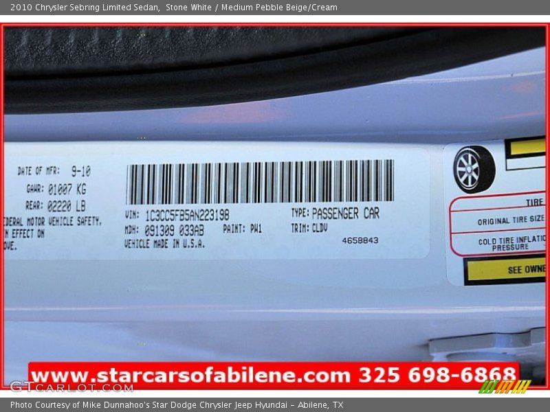 Stone White / Medium Pebble Beige/Cream 2010 Chrysler Sebring Limited Sedan