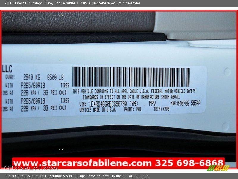 Stone White / Dark Graystone/Medium Graystone 2011 Dodge Durango Crew