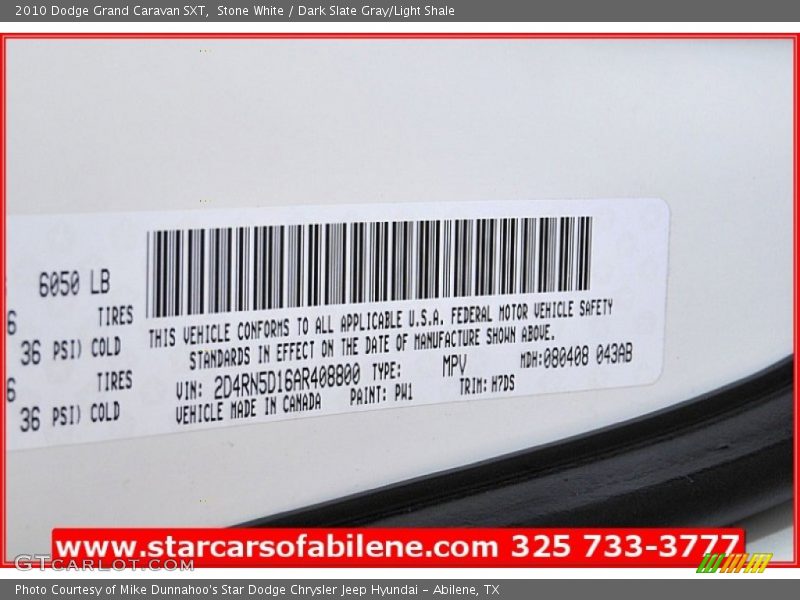 Stone White / Dark Slate Gray/Light Shale 2010 Dodge Grand Caravan SXT