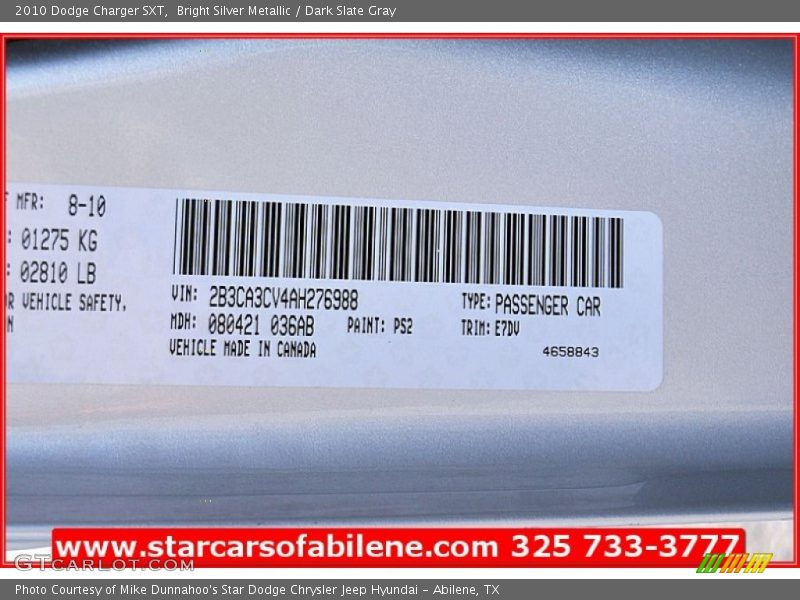 Bright Silver Metallic / Dark Slate Gray 2010 Dodge Charger SXT