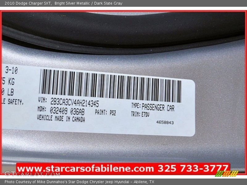 Bright Silver Metallic / Dark Slate Gray 2010 Dodge Charger SXT