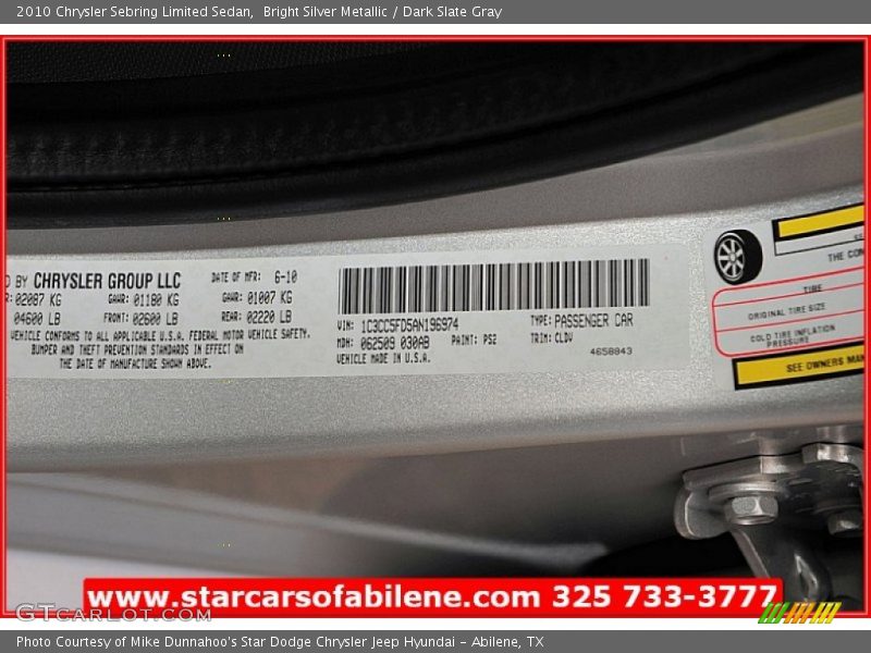 Bright Silver Metallic / Dark Slate Gray 2010 Chrysler Sebring Limited Sedan