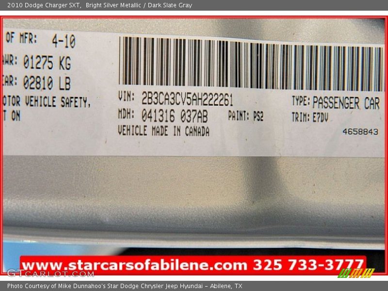 Bright Silver Metallic / Dark Slate Gray 2010 Dodge Charger SXT
