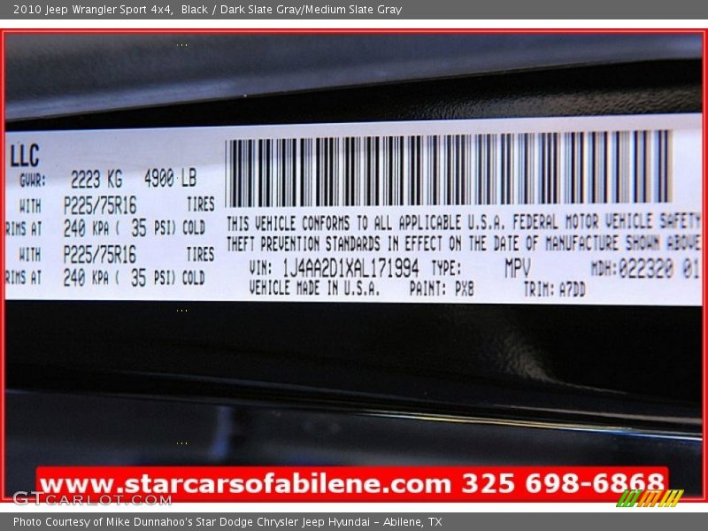 Black / Dark Slate Gray/Medium Slate Gray 2010 Jeep Wrangler Sport 4x4