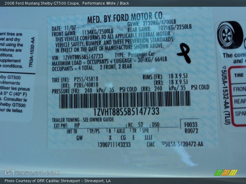 2008 Mustang Shelby GT500 Coupe Performance White Color Code HP