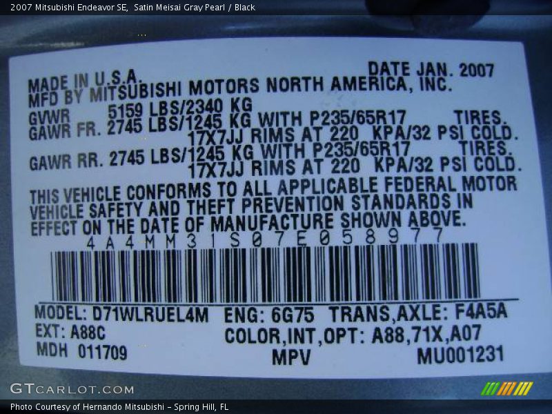 Satin Meisai Gray Pearl / Black 2007 Mitsubishi Endeavor SE