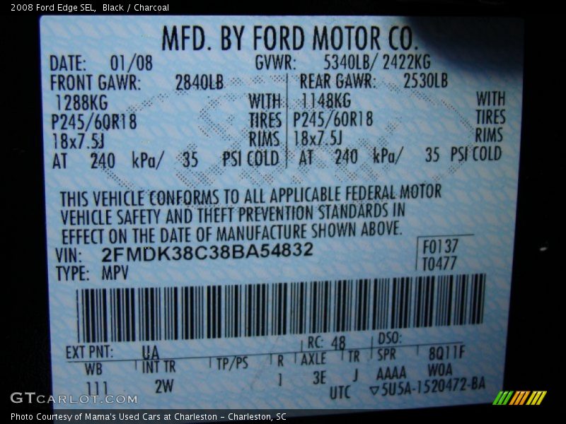 2008 Edge SEL Black Color Code UA