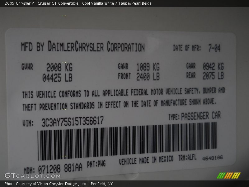 2005 PT Cruiser GT Convertible Cool Vanilla White Color Code PWG