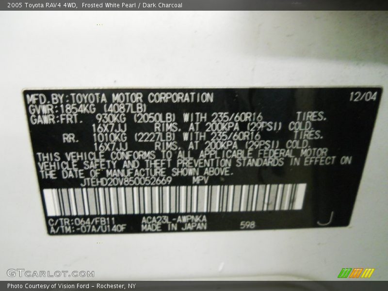 2005 RAV4 4WD Frosted White Pearl Color Code 064