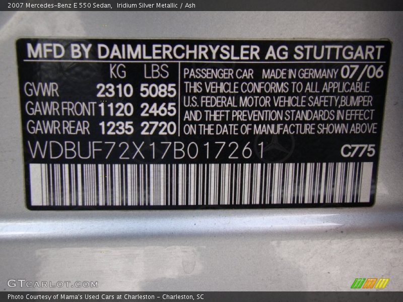 Iridium Silver Metallic / Ash 2007 Mercedes-Benz E 550 Sedan