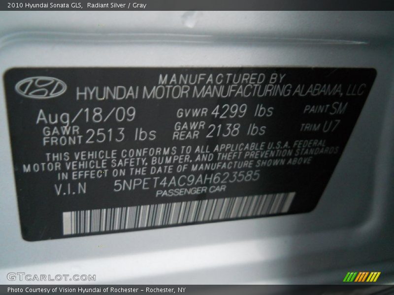 Radiant Silver / Gray 2010 Hyundai Sonata GLS