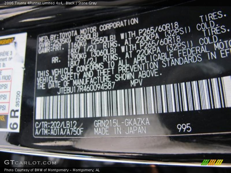 Black / Stone Gray 2006 Toyota 4Runner Limited 4x4