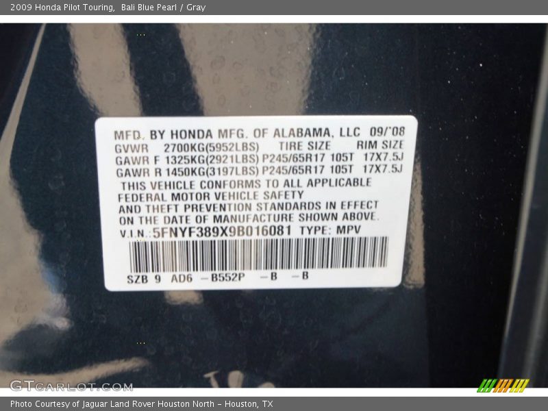 Bali Blue Pearl / Gray 2009 Honda Pilot Touring