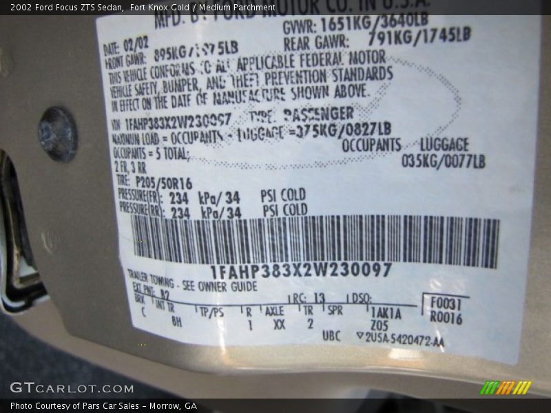 Fort Knox Gold / Medium Parchment 2002 Ford Focus ZTS Sedan