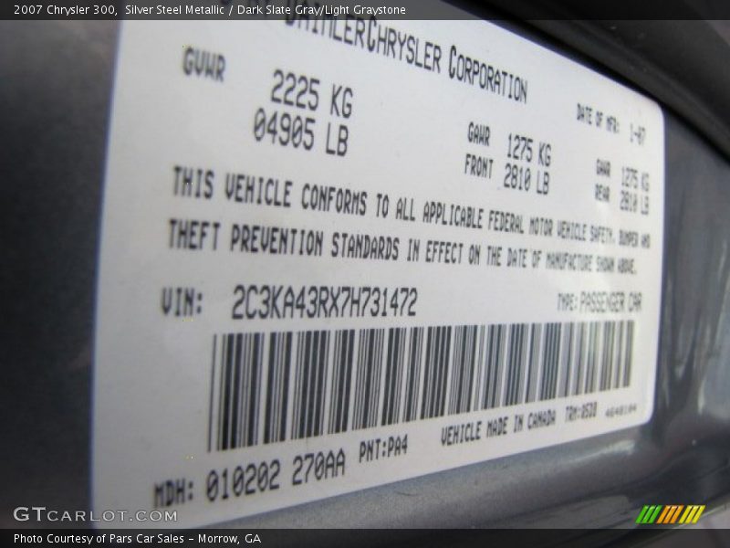 Silver Steel Metallic / Dark Slate Gray/Light Graystone 2007 Chrysler 300