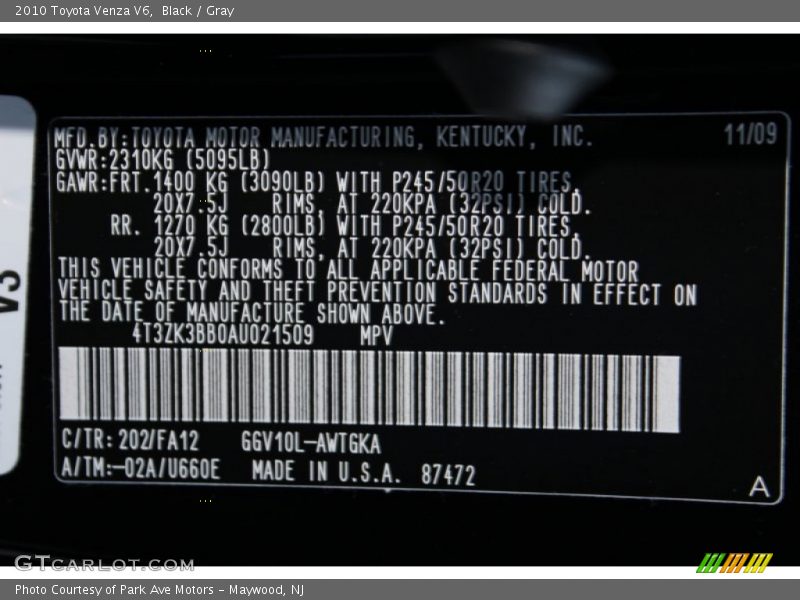 Black / Gray 2010 Toyota Venza V6
