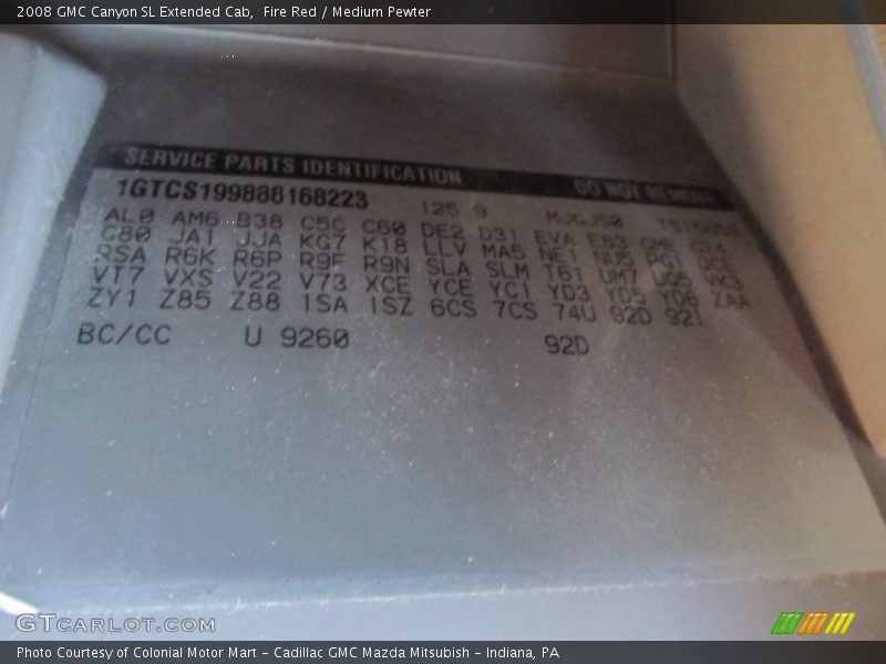 2008 Canyon SL Extended Cab Fire Red Color Code 9260