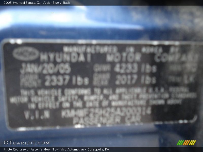 Ardor Blue / Black 2005 Hyundai Sonata GL