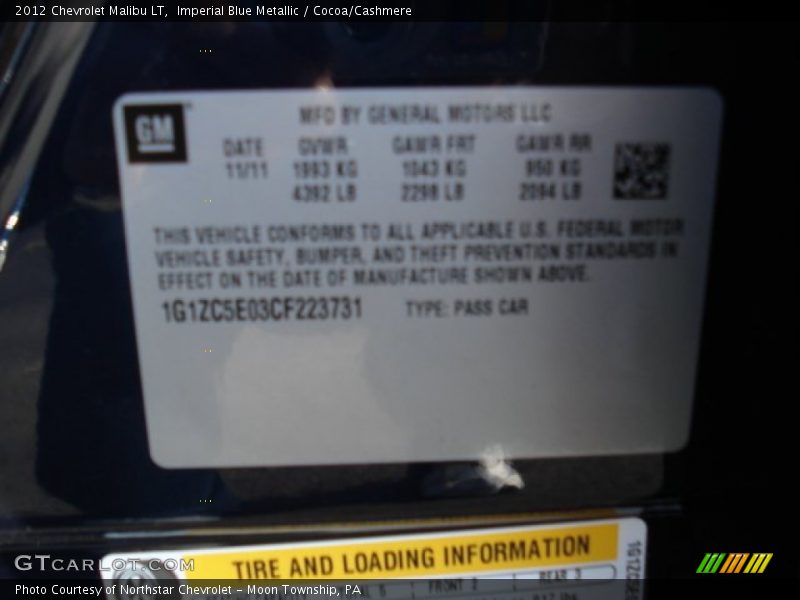 Imperial Blue Metallic / Cocoa/Cashmere 2012 Chevrolet Malibu LT